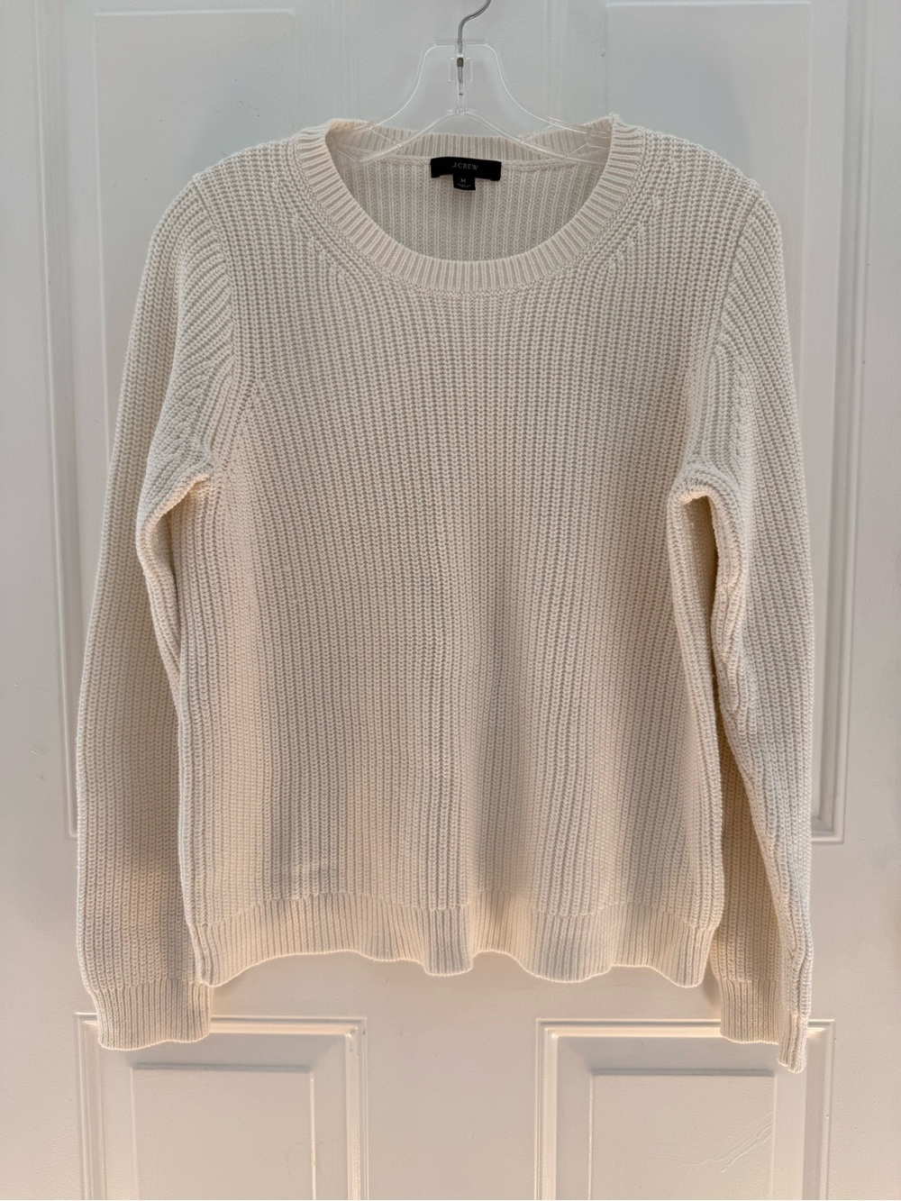 J Crew White Cotton and Cashmere Crew Neck Rib Knit Sweater - Medium